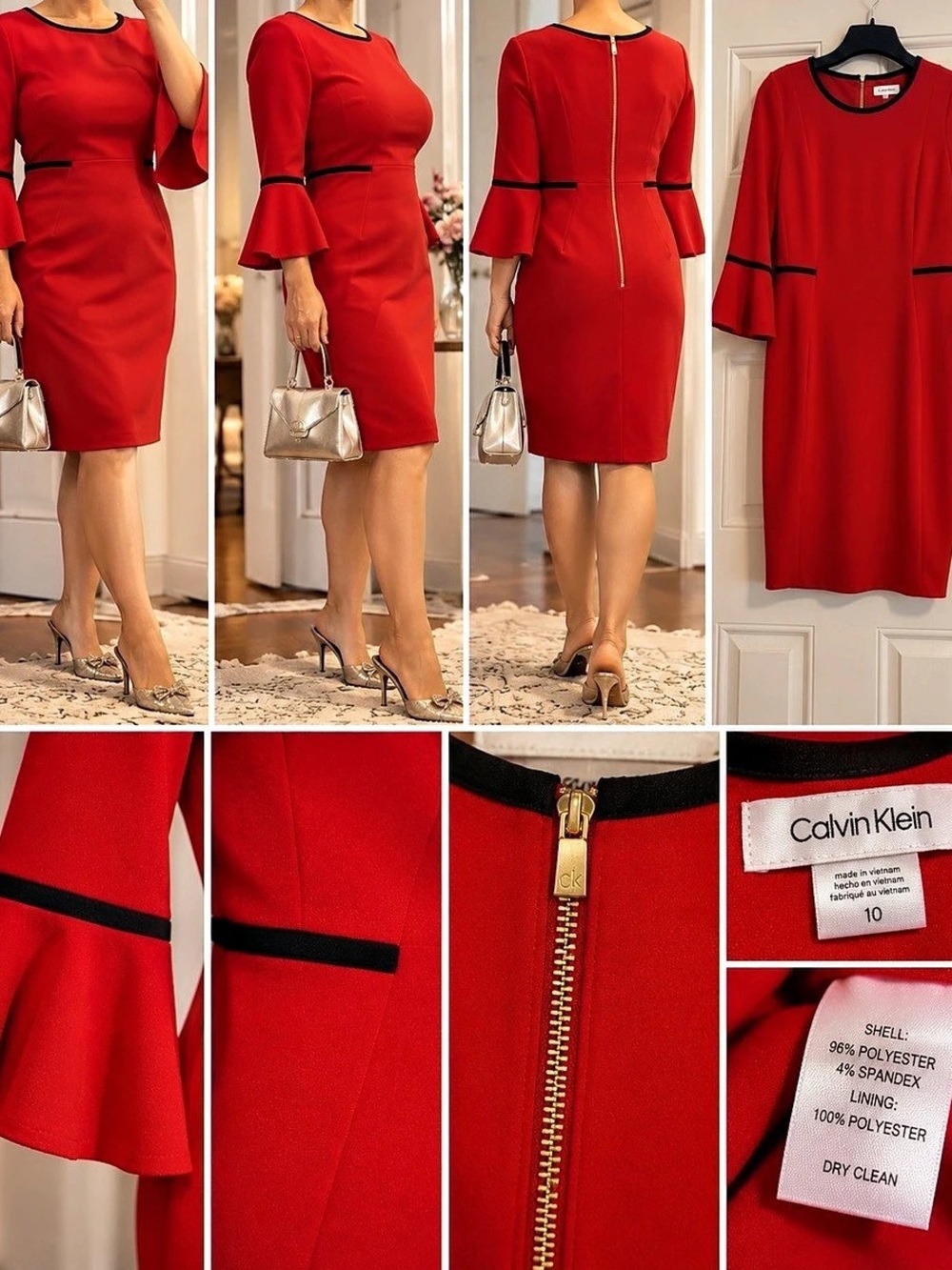 Calvin Klein Red Black Trim Bell Sleeve Sheath Dress Size 10